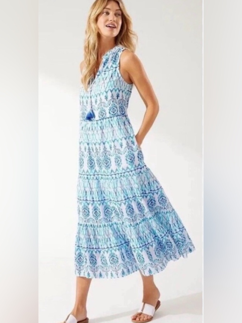 Tommy Bahama Blue and White Sleeveless Maxi Dress